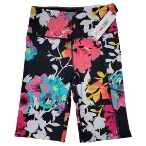 Calvin Klein High Waist 9 Inch Black Pink Blue Floral Print Yoga Bike Short XS
